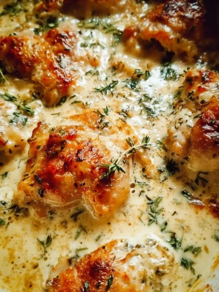 Creamy oven baked chicken thighs dish garnished with herbs
