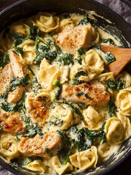 Creamy Parmesan Chicken and Spinach Tortellini dish plated with garnishes