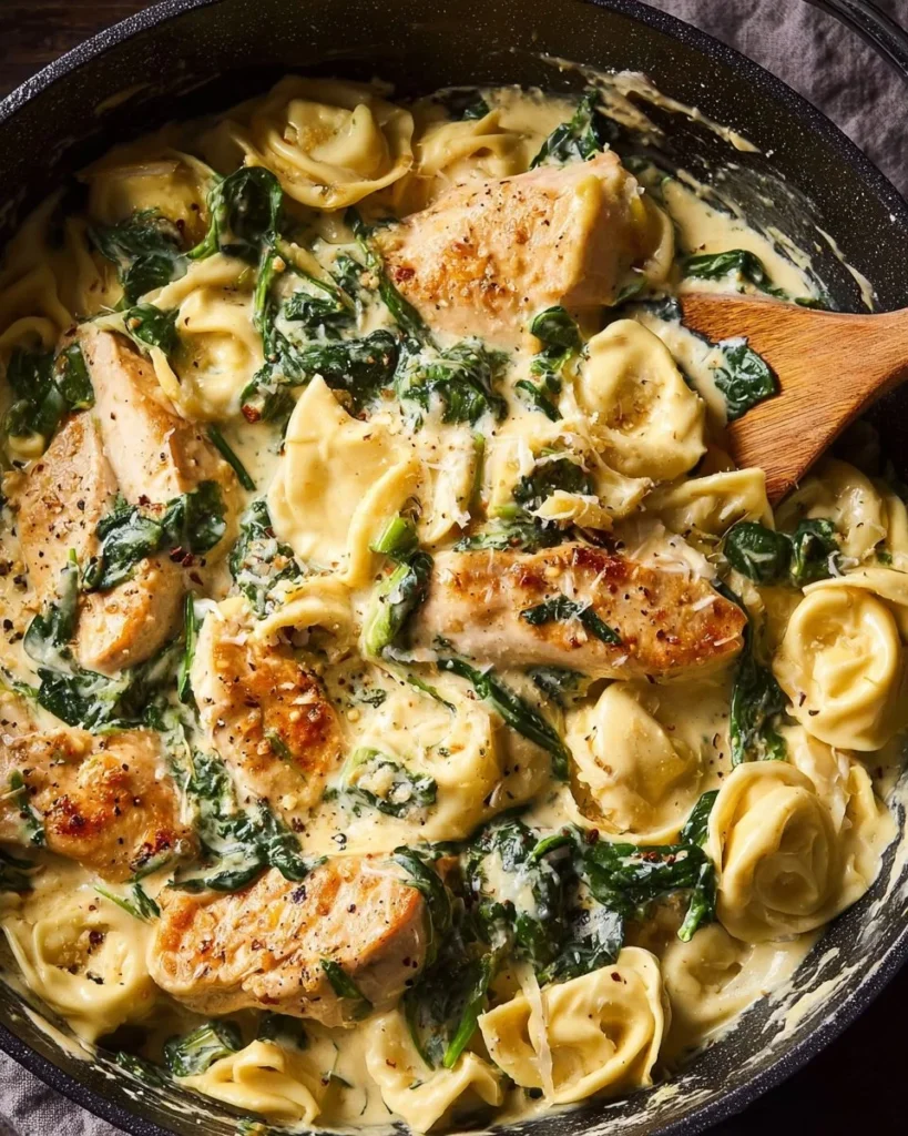 Creamy Parmesan Chicken and Spinach Tortellini dish plated with garnishes