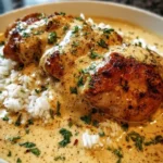 Creamy smothered chicken served with a savory sauce over a bed of mashed potatoes.