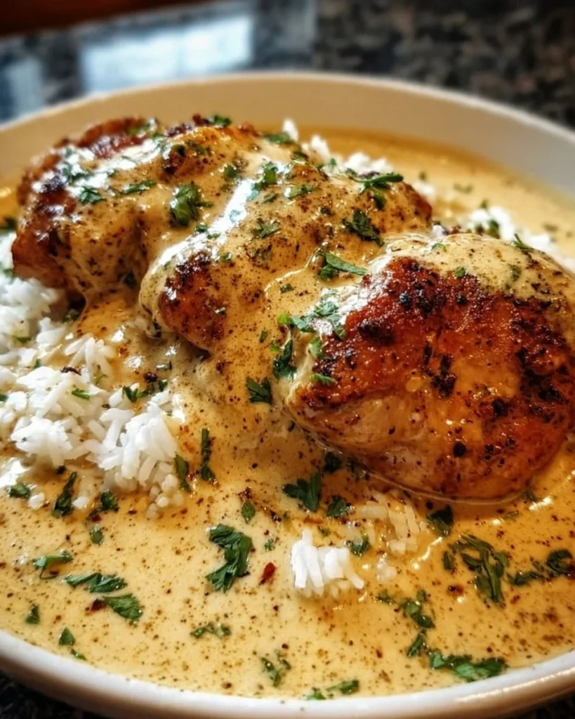 Creamy smothered chicken served with a savory sauce over a bed of mashed potatoes.