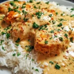 Delicious creamy smothered chicken served over rice in a bowl