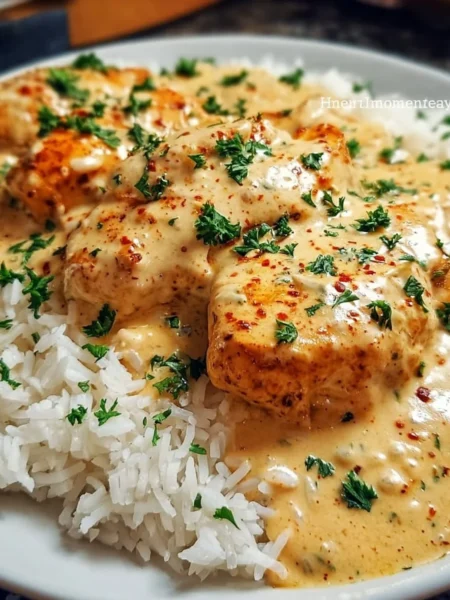 Delicious creamy smothered chicken served over rice in a bowl