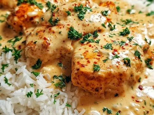 Delicious creamy smothered chicken served over rice in a bowl