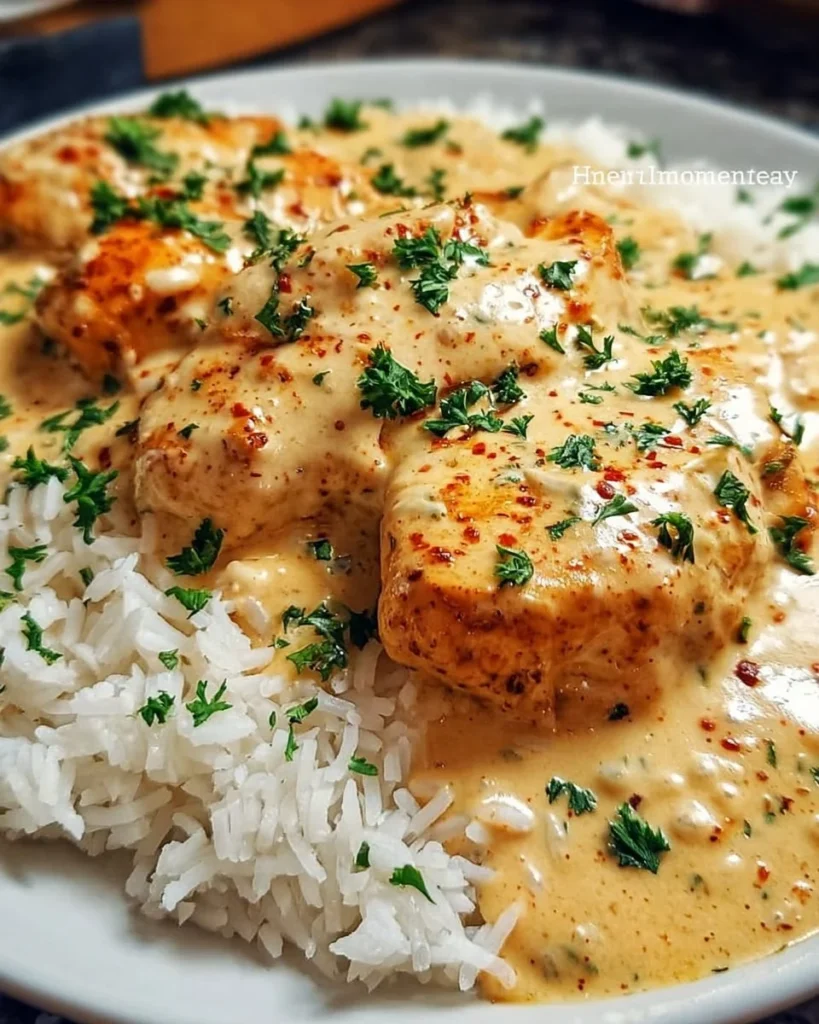 Delicious creamy smothered chicken served over rice in a bowl