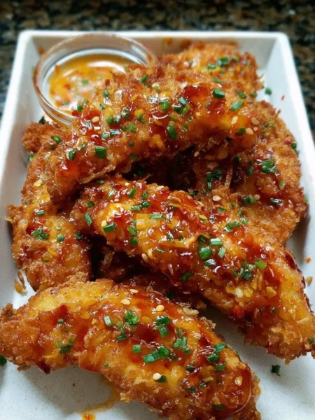 Plate of crispy Bang Bang Chicken garnished with green onions and sesame seeds