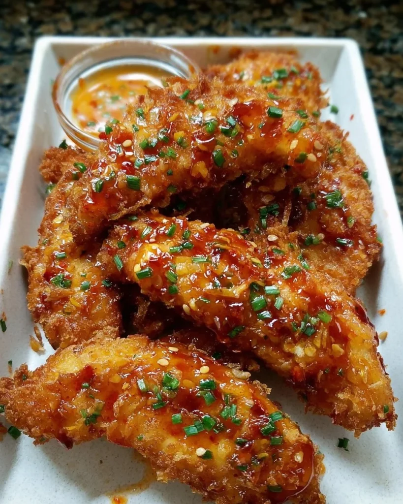 Plate of crispy Bang Bang Chicken garnished with green onions and sesame seeds