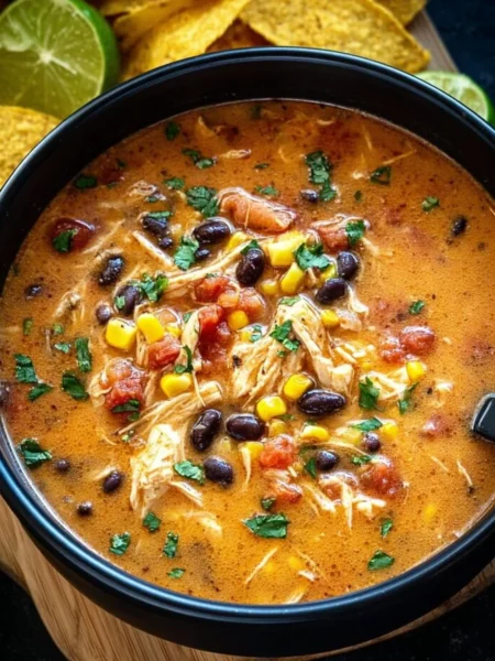 Bowl of delicious crockpot chicken tortilla soup with toppings
