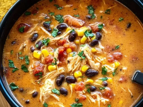 Bowl of delicious crockpot chicken tortilla soup with toppings