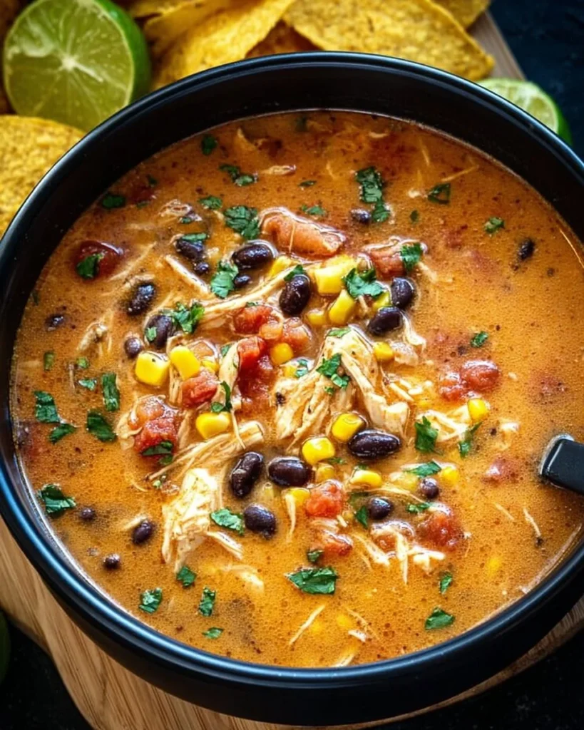 Bowl of delicious crockpot chicken tortilla soup with toppings