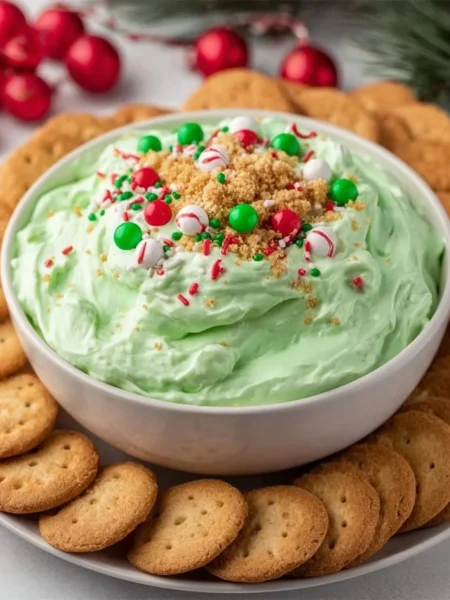 Festive Grinch Dip served in a holiday-themed bowl