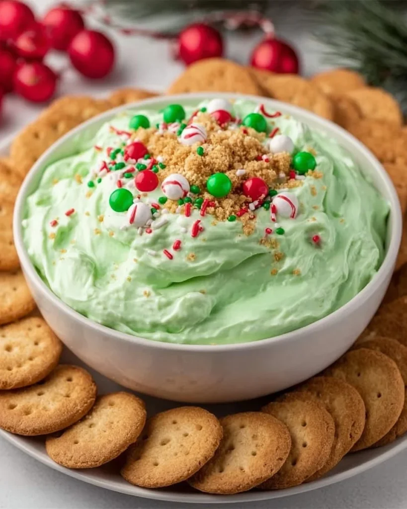 Festive Grinch Dip served in a holiday-themed bowl