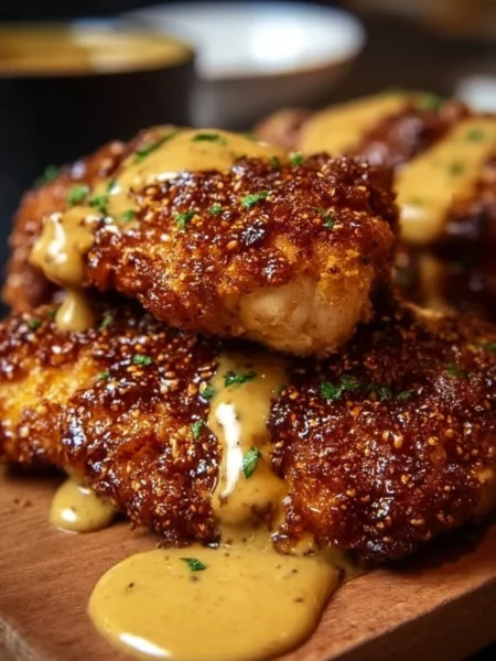 Plate of pretzel crusted chicken served with mustard dip