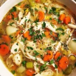 Bowl of healthy homemade chicken soup with fresh vegetables and herbs