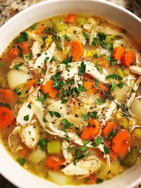 Bowl of healthy homemade chicken soup with fresh vegetables and herbs