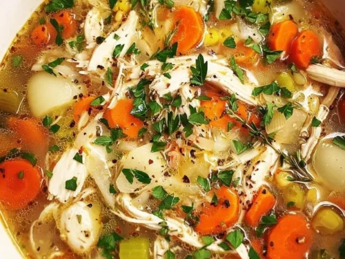 Bowl of healthy homemade chicken soup with fresh vegetables and herbs