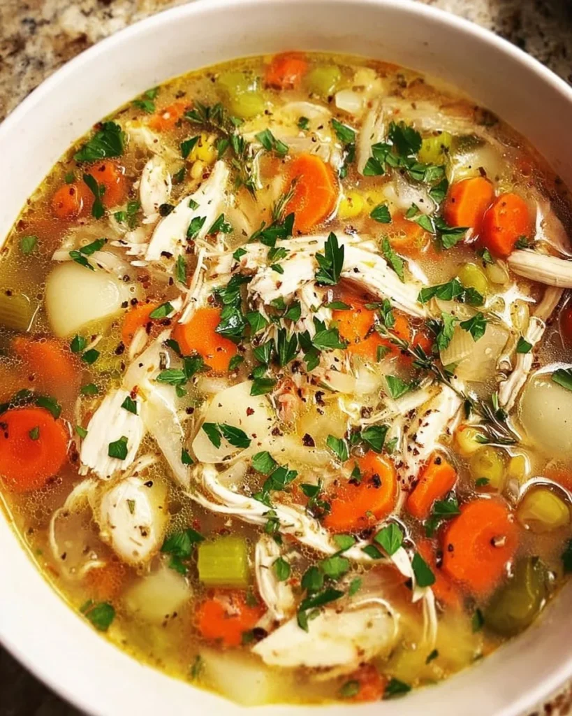 Bowl of healthy homemade chicken soup with fresh vegetables and herbs
