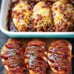 Easy BBQ chicken bake with sauce and vegetables on a plate