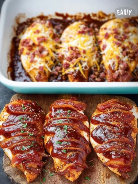 Easy BBQ chicken bake with sauce and vegetables on a plate