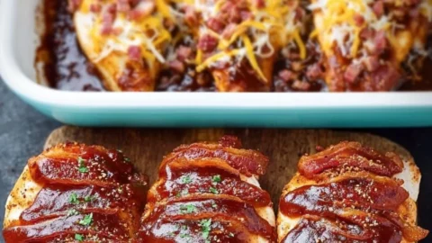 Easy BBQ chicken bake with sauce and vegetables on a plate