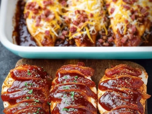 Easy BBQ chicken bake with sauce and vegetables on a plate