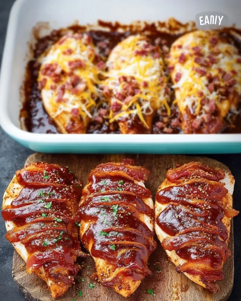 Easy BBQ chicken bake with sauce and vegetables on a plate