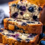 Freshly baked easy blueberry banana bread with ripe bananas and blueberries