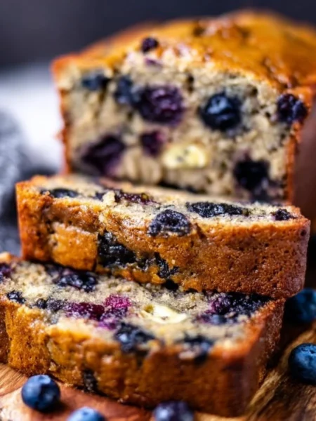 Freshly baked easy blueberry banana bread with ripe bananas and blueberries