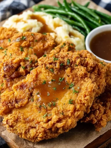 Delicious easy country fried chicken breast served on a plate.