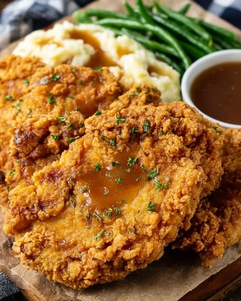 Delicious easy country fried chicken breast served on a plate.