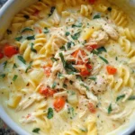 Bowl of easy creamy chicken soup with vegetables and garnish