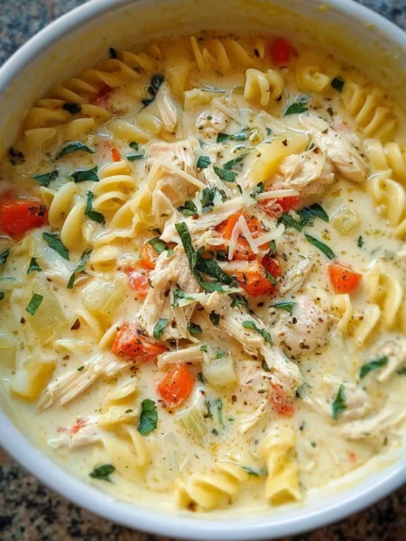 Bowl of easy creamy chicken soup with vegetables and garnish