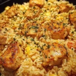 Easy forgotten chicken and rice casserole dish garnished with herbs