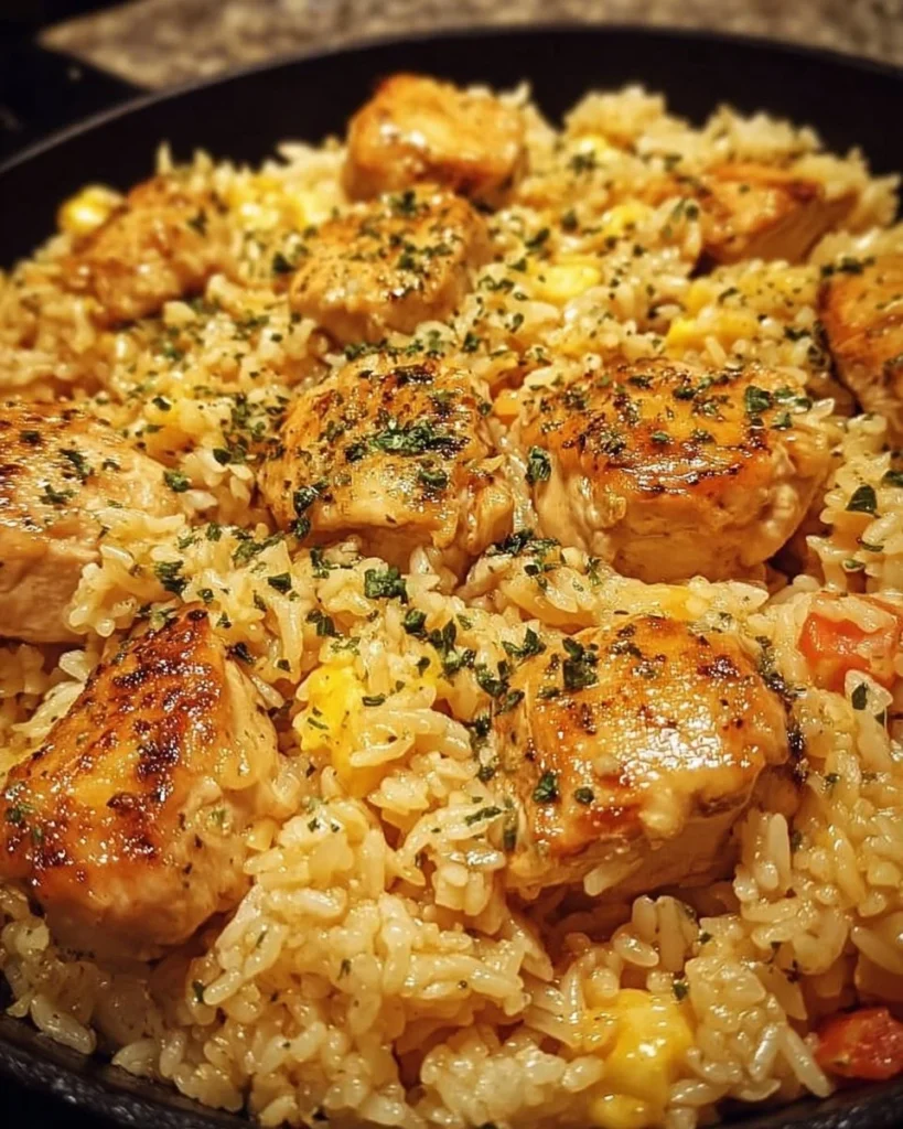 Easy forgotten chicken and rice casserole dish garnished with herbs