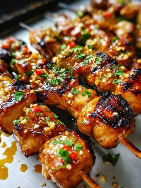 Delicious grilled chicken skewers with honey garlic sauce on a plate