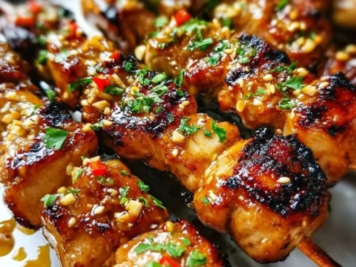 Delicious grilled chicken skewers with honey garlic sauce on a plate