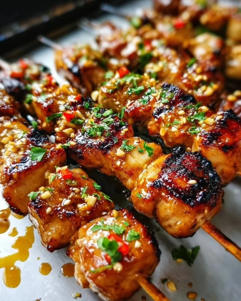 Delicious grilled chicken skewers with honey garlic sauce on a plate