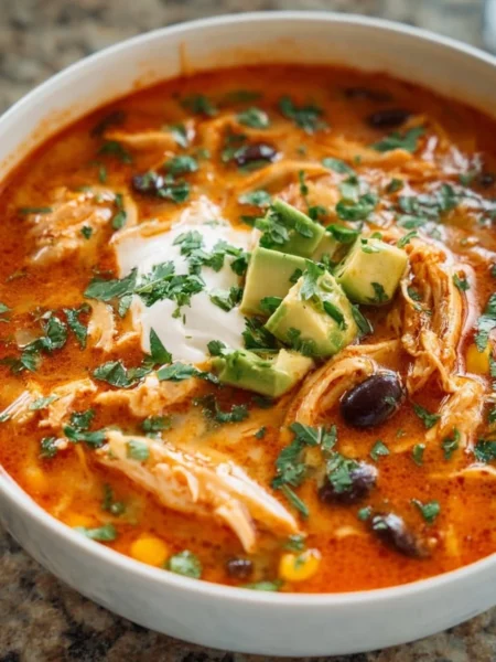 Bowl of easy homemade chicken enchilada soup garnished with cilantro and cheese.