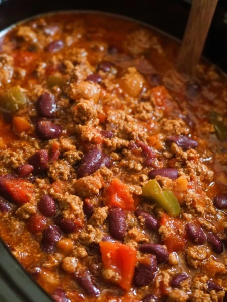 Bowl of easy slow cooker chili with toppings