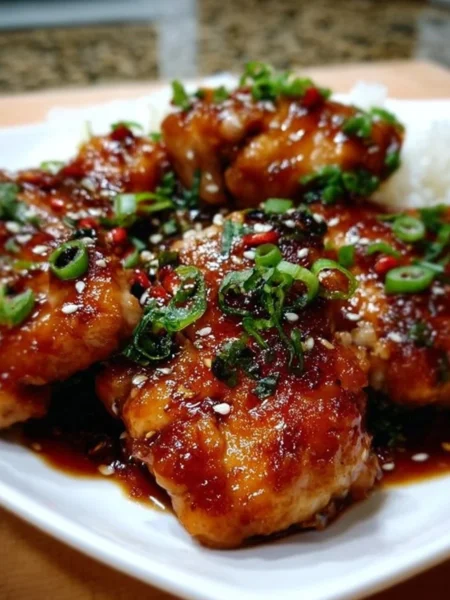 Delicious soy garlic chicken thighs garnished and ready to serve.