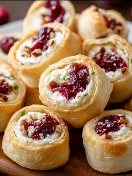 Festive Christmas Cranberry Roll Ups on a holiday table.