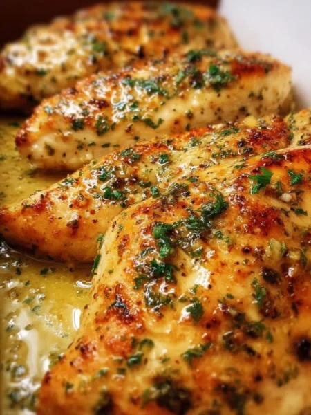 Juicy garlic butter baked chicken breast garnished with herbs on a rustic plate.