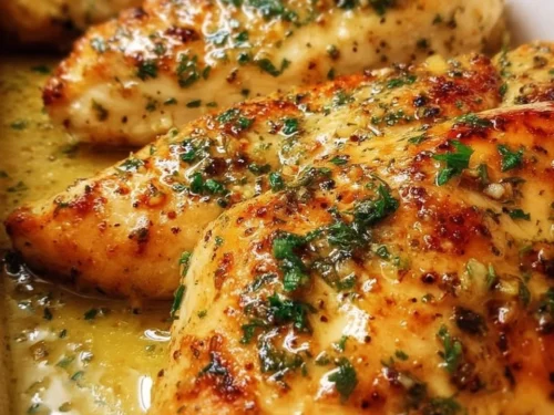 Juicy garlic butter baked chicken breast garnished with herbs on a rustic plate.