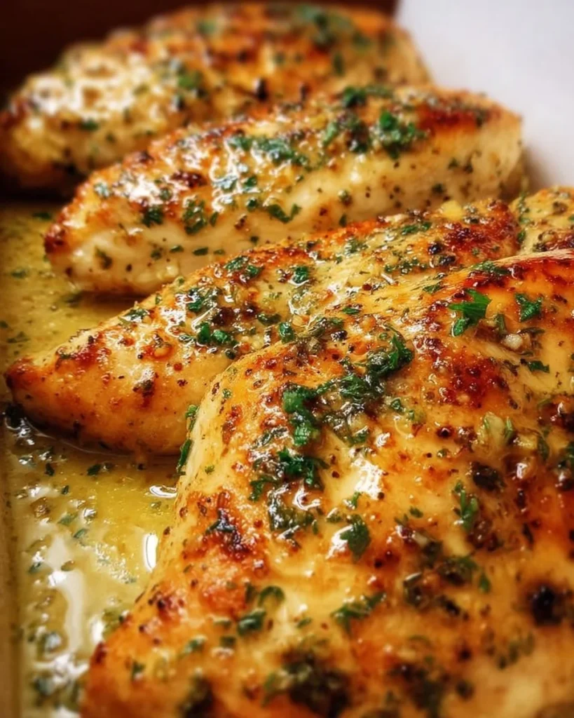 Juicy garlic butter baked chicken breast garnished with herbs on a rustic plate.