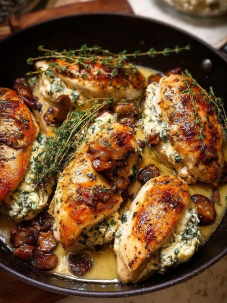 Herbed ricotta stuffed chicken served with white wine pan sauce