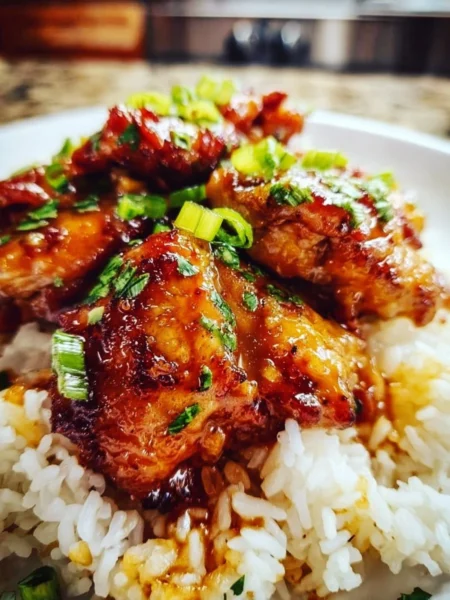 Juicy honey garlic chicken thighs glazed with a sweet and savory sauce