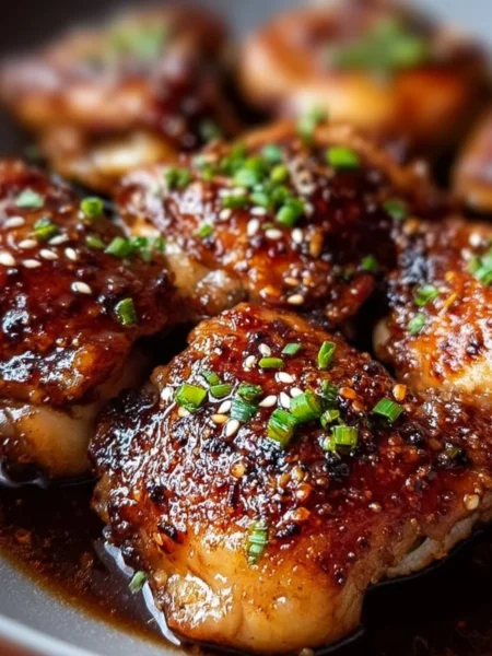 Delicious honey garlic chicken thighs served garnished on a plate