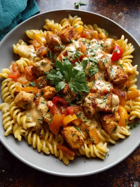 Lighter Creamy Cajun Chicken Pasta garnished with herbs and spices