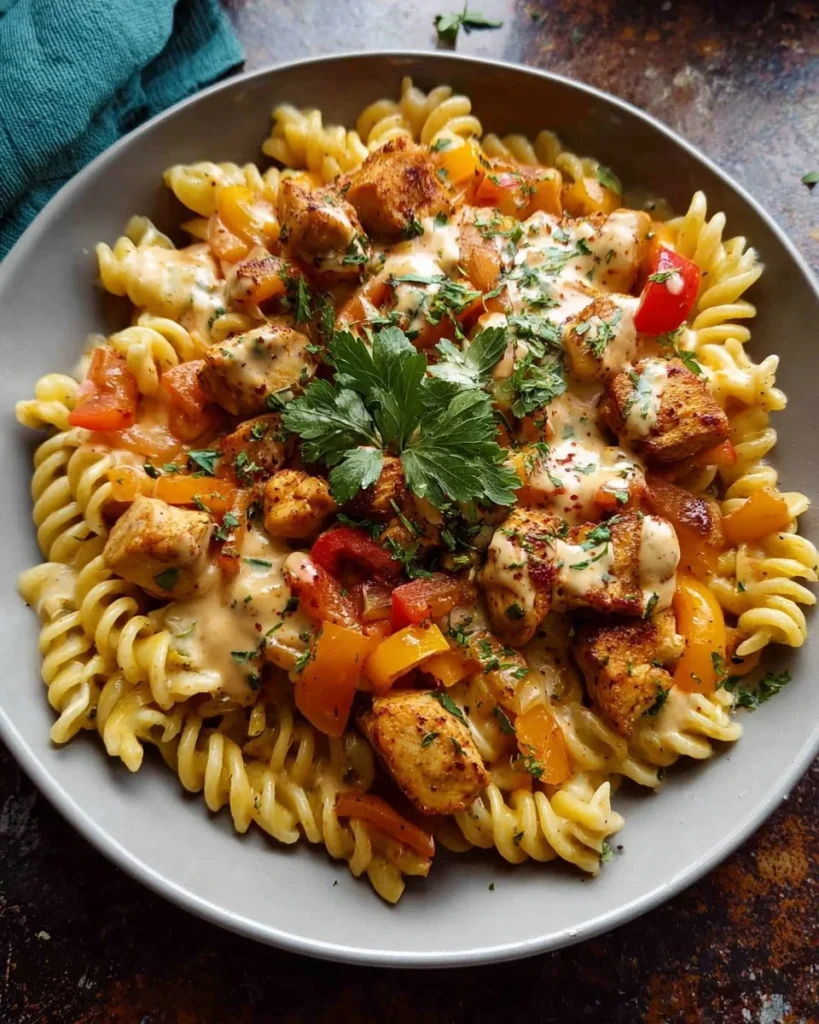 Lighter Creamy Cajun Chicken Pasta garnished with herbs and spices