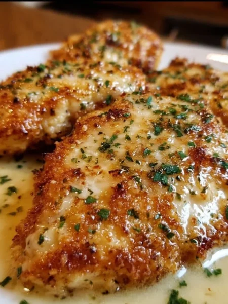 Plate of Longhorn Steakhouse Parmesan Chicken garnished with herbs.
